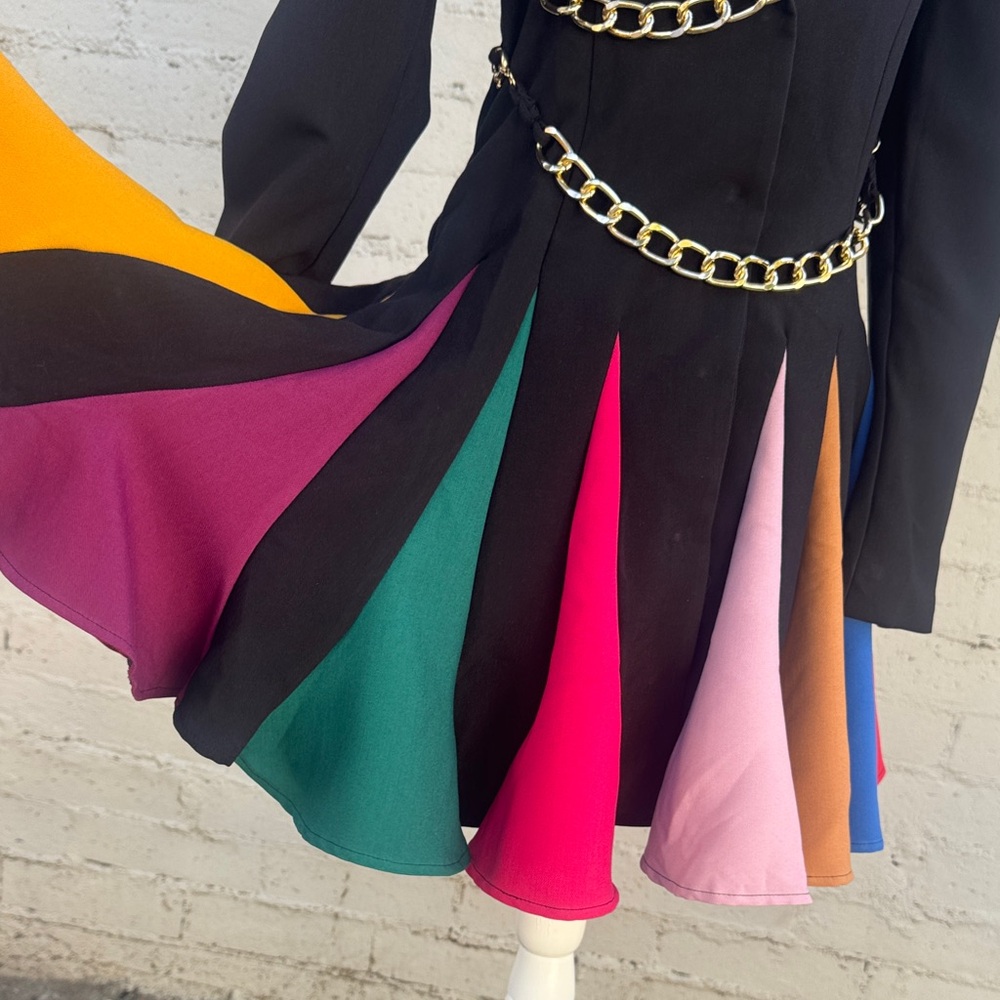 L'ATISTE by Amy Black Coat Dress Rainbow Pleated Skirt Gold Chains Size S - Picture 10 of 16